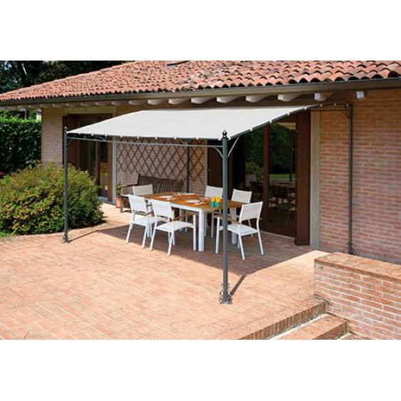 Pergola a parete 4x3 mt in ferro epoxy antracite, telo color sabbia