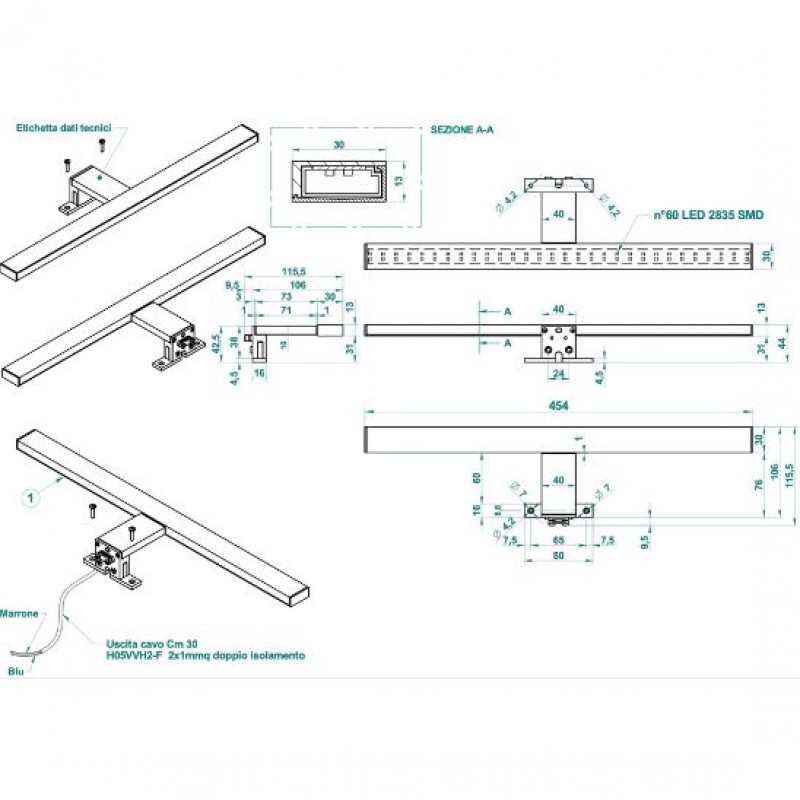 Faretto a led per specchio bagno Minimal da 45 cm