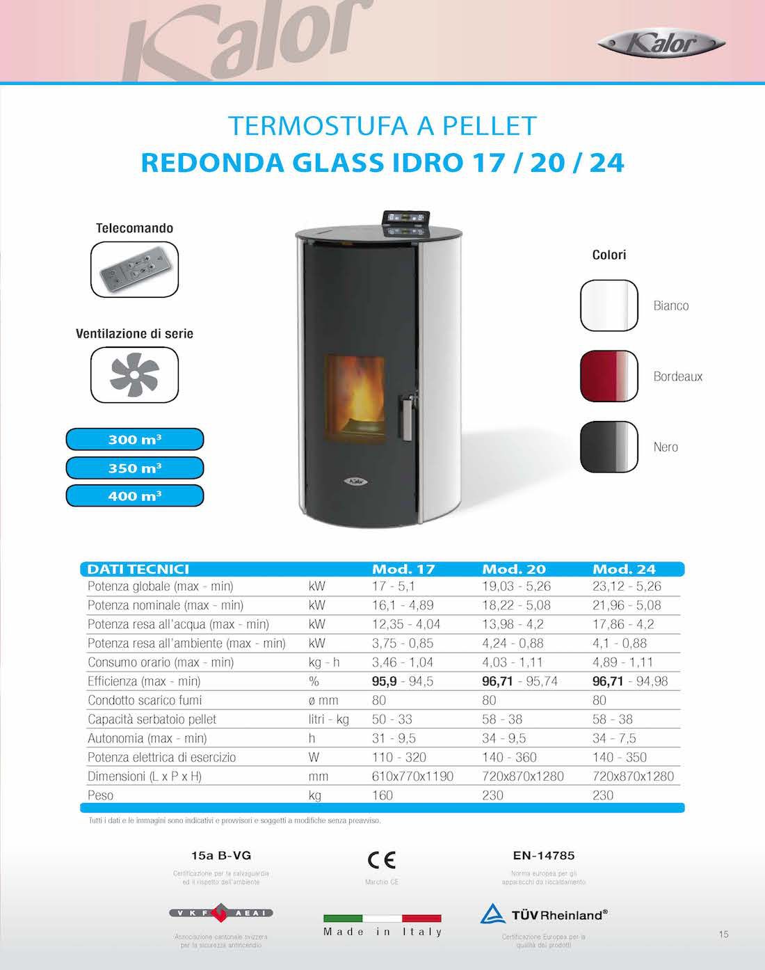 Stufa a pellet idro Redonda Glass con fianchi in vetro da 17 kw